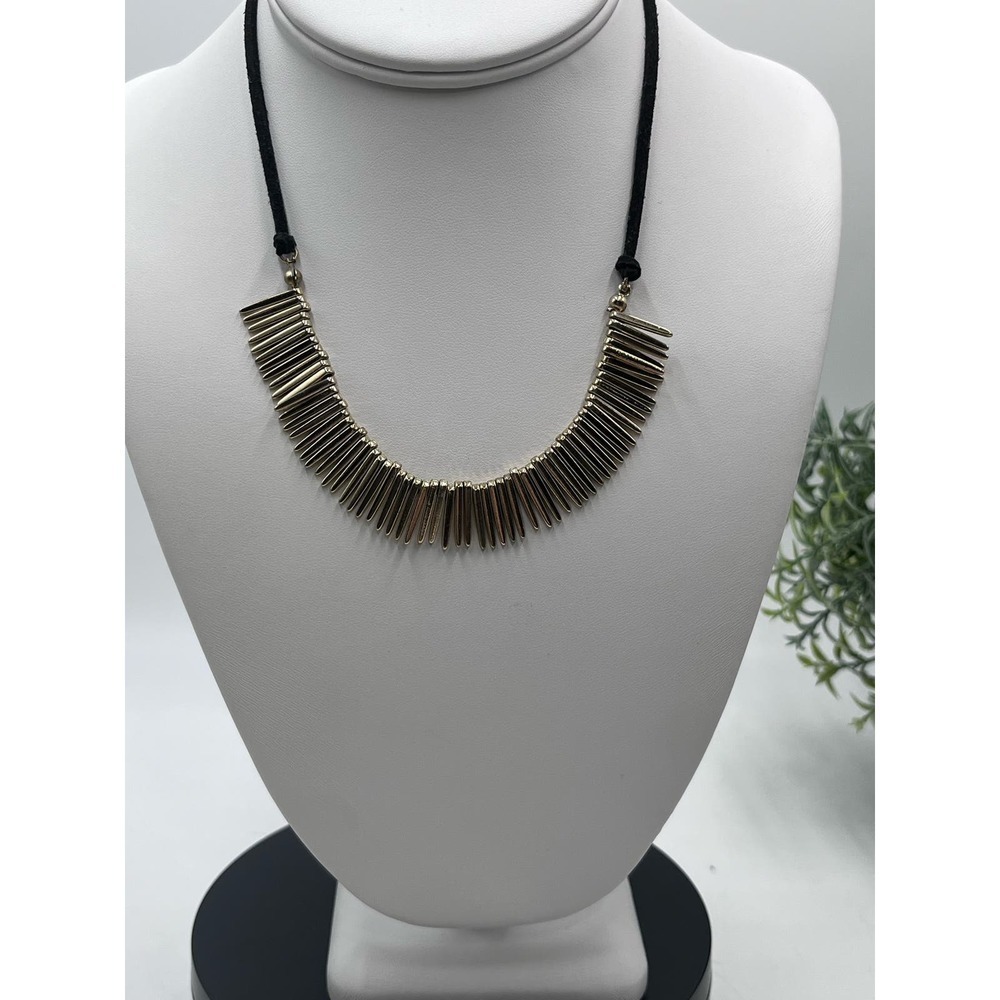 Natashaā Gold Tone Spikes Dangles Black Leather Necklace